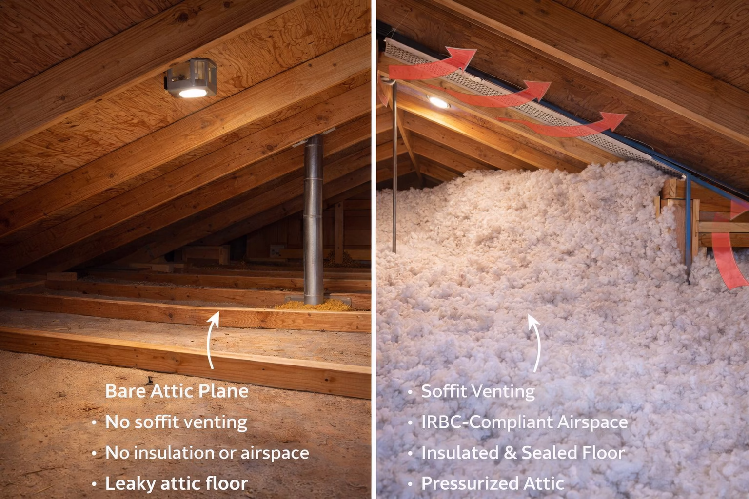 Split image of attic comparison showing a bare attic plane without insulation or air sealing on the left and a properly sealed and vented attic with blown-in insulation on the right.