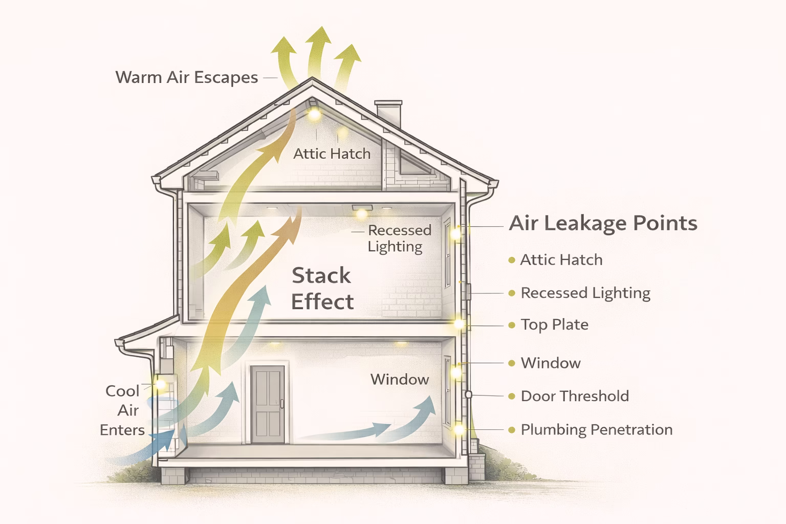Cutaway diagram of a two-story home illustrating home air leaks and stack effect with warm air rising into the attic and cool air entering through lower wall and window penetrations.