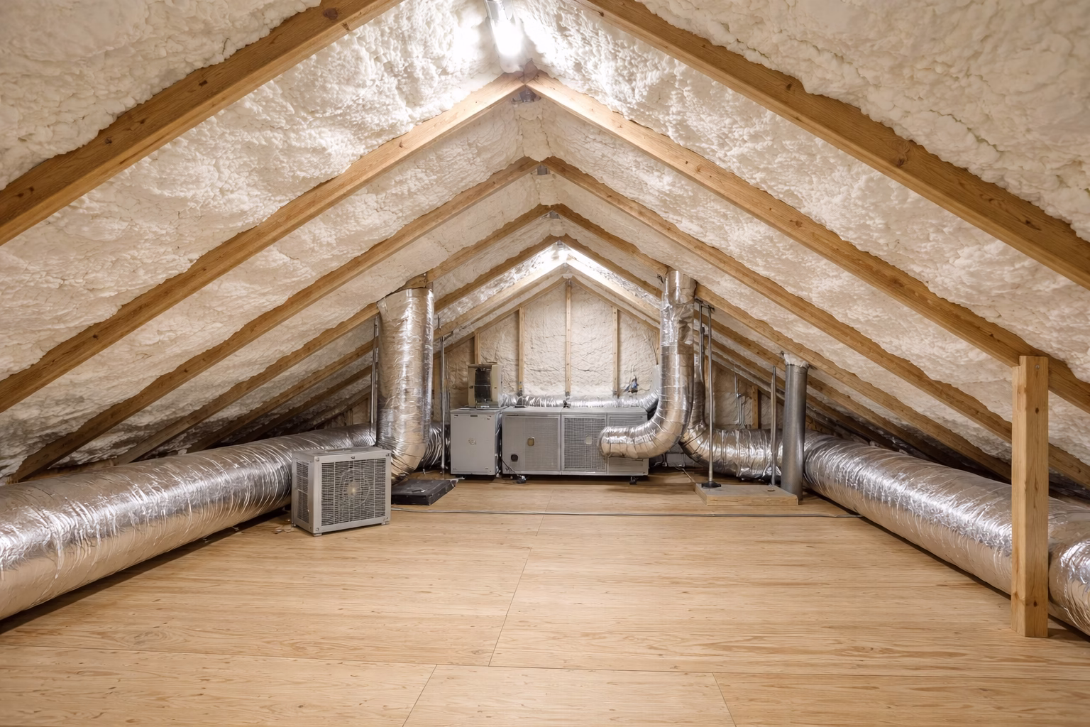 Air sealing attic with spray foam at the roof deck and sealed ductwork, showing a completed attic air sealing system designed to reduce energy loss in hot, humid climates.