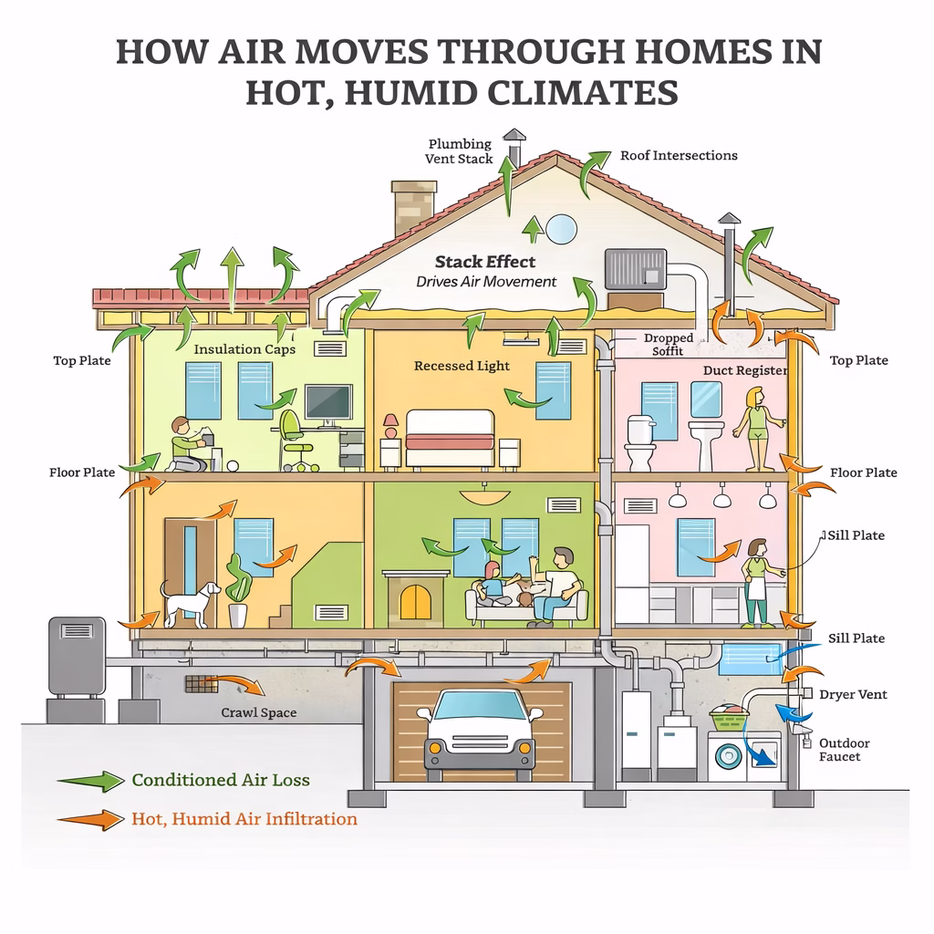 Diagram showing how stack effect drives airflow through a home, explaining air sealing attic strategy and hot humid air infiltration pathways.