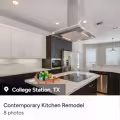 Stearns Design Build Houzz project featuring a completed contemporary kitchen remodel with two-tone cabinetry and a large island in College Station, Texas.