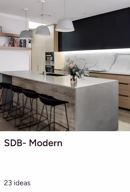 Stearns Design Build Modern Houzz Ideabook featuring a contemporary kitchen with a waterfall island, wood cabinetry, and black upper cabinets.