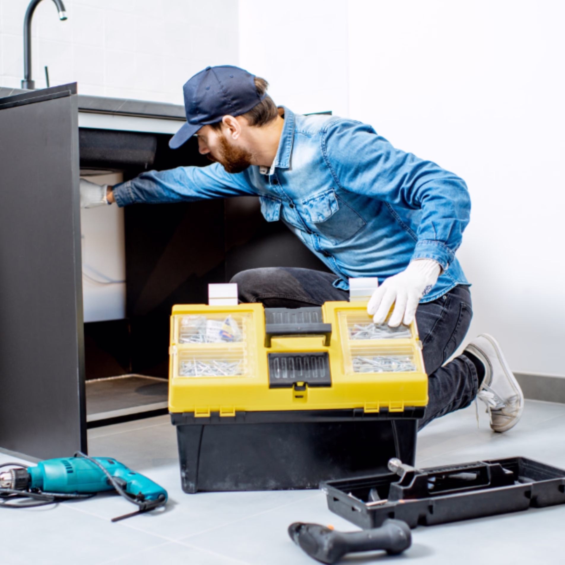 Home maintenance technician inspecting the area beneath a kitchen sink with tools nearby