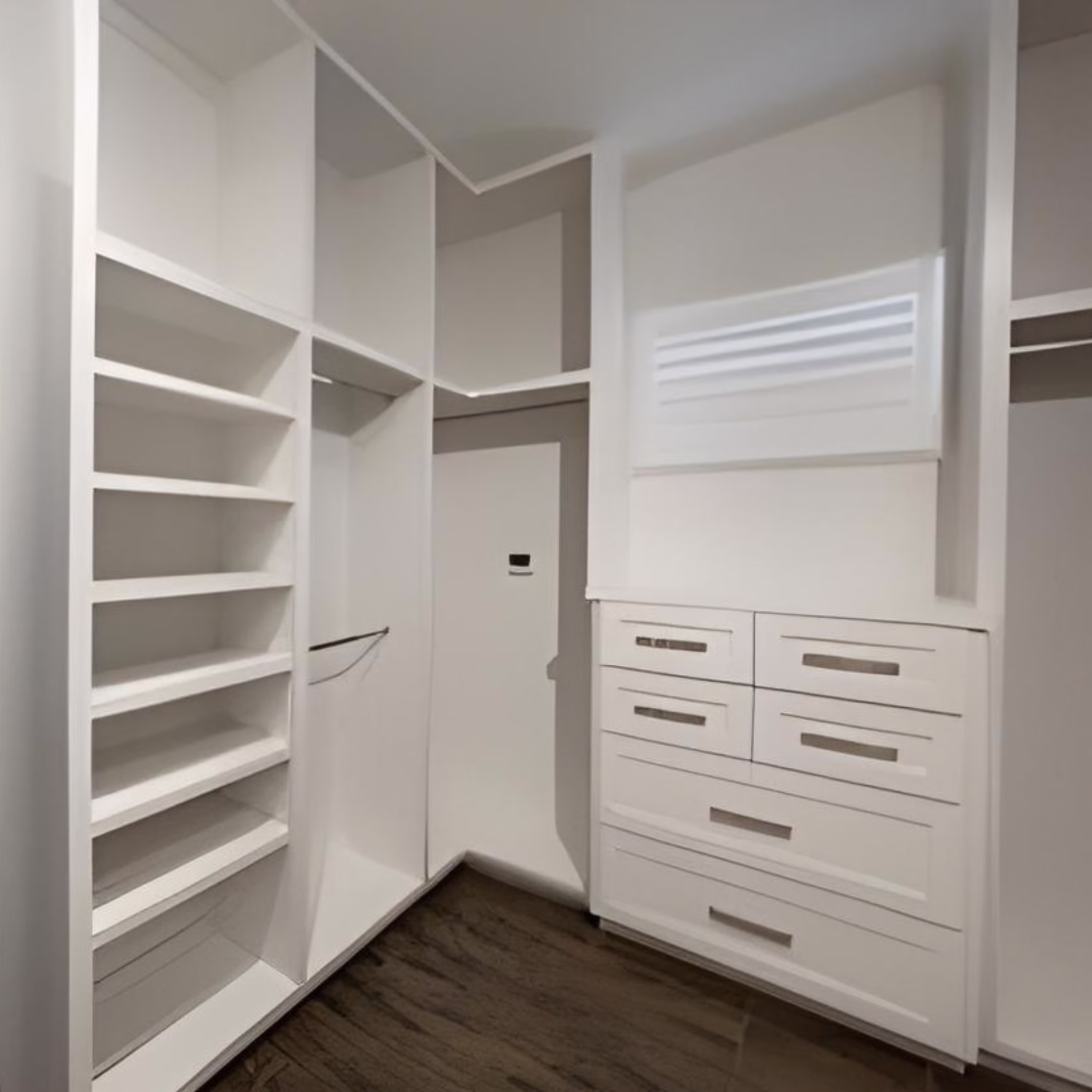 Custom walk-in closet with built-in shelving, hanging space, and drawers designed for organized clothing storage.
