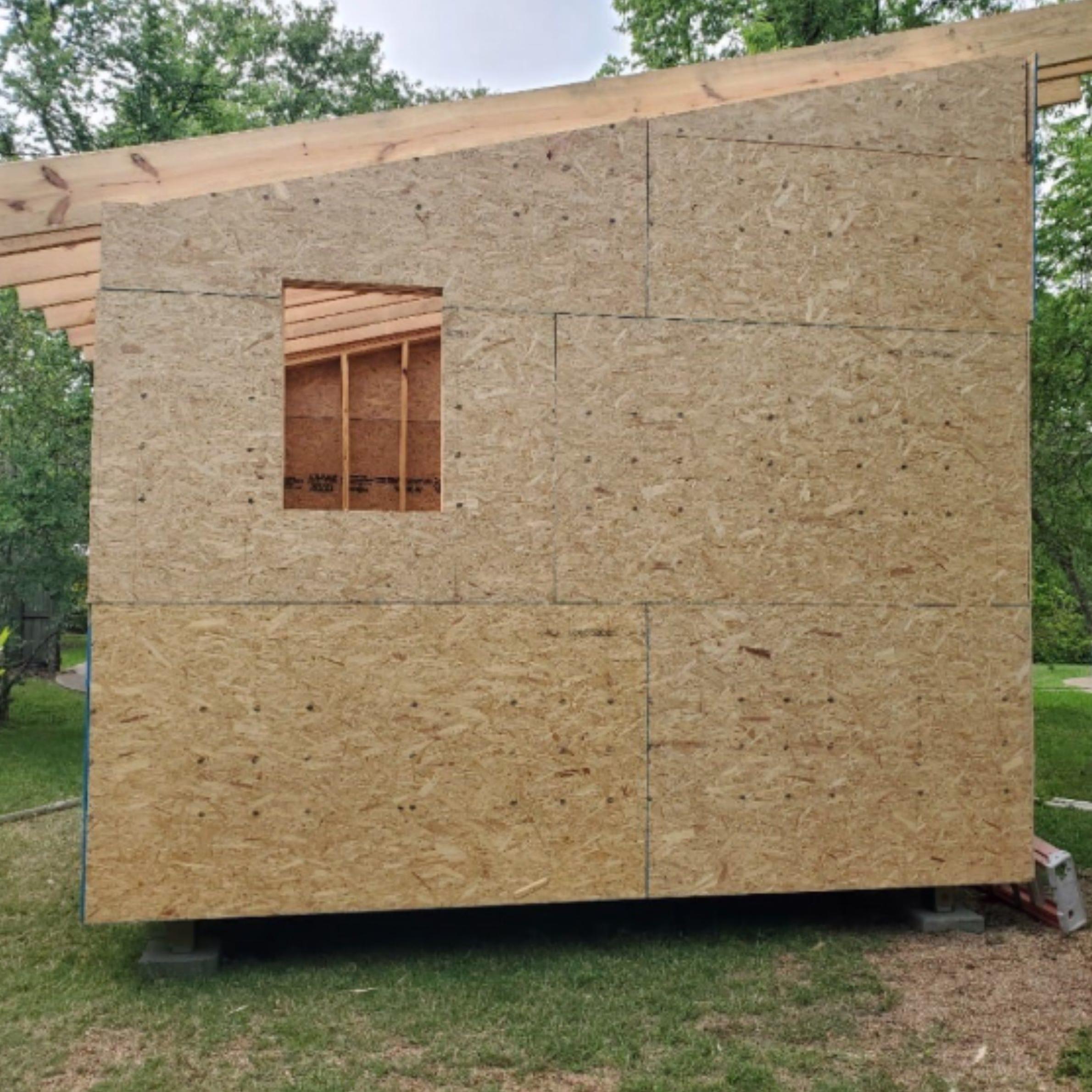 Exterior wall sheathing installed during construction of the detached home office addition.