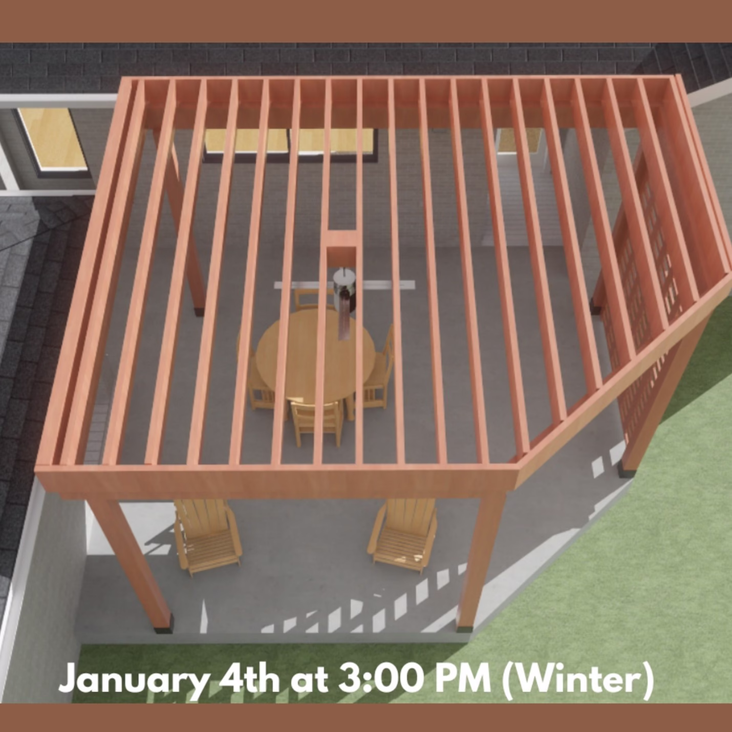 Winter solar shading visualization for the outdoor living addition, showing how the custom pergola addition balances natural light and shade throughout the year as part of this Bryan College Station remodeling project.