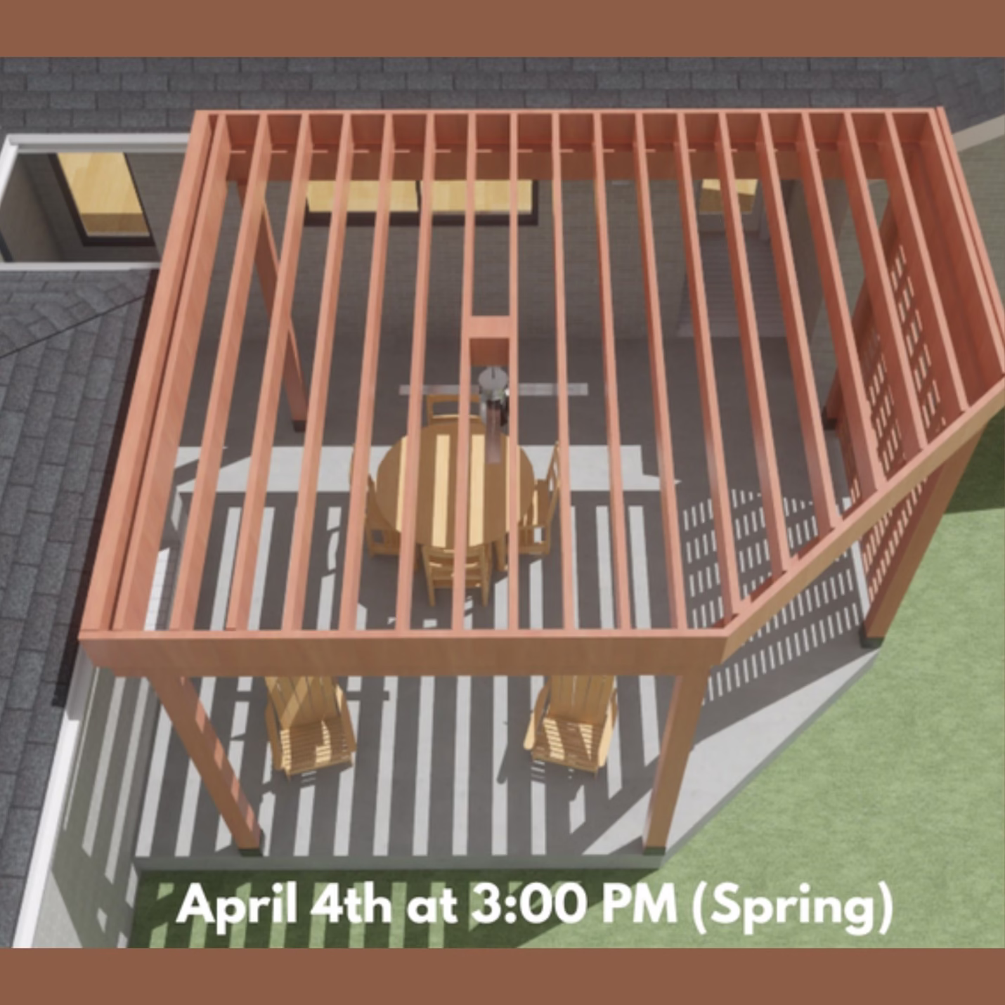 Spring pergola shade study demonstrating seasonal sunlight control for the custom pergola addition, supporting long-term comfort and usability within this pergola and workshop addition project.