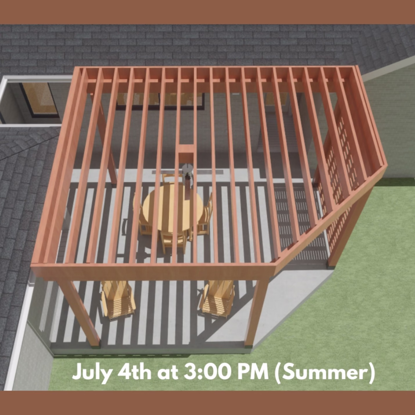 Summer shade analysis rendering showing sunlight patterns across the outdoor living addition, helping guide the pergola slat spacing and orientation during this Bryan College Station remodeling project by an outdoor living contractor in Bryan TX.