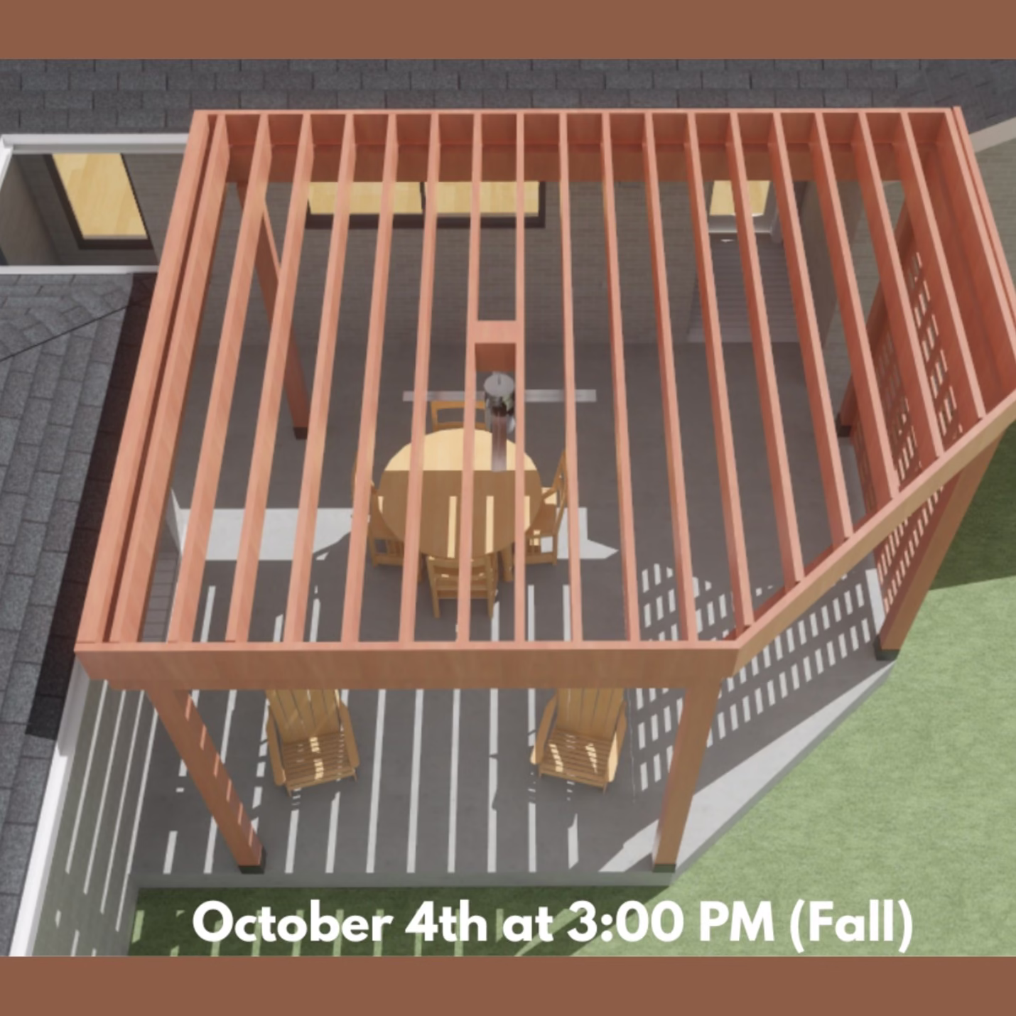 Fall solar shade study for a custom pergola addition in Bryan–College Station, illustrating how the pergola and workshop addition was designed to improve shade coverage and comfort throughout the outdoor living addition during afternoon sun exposure.