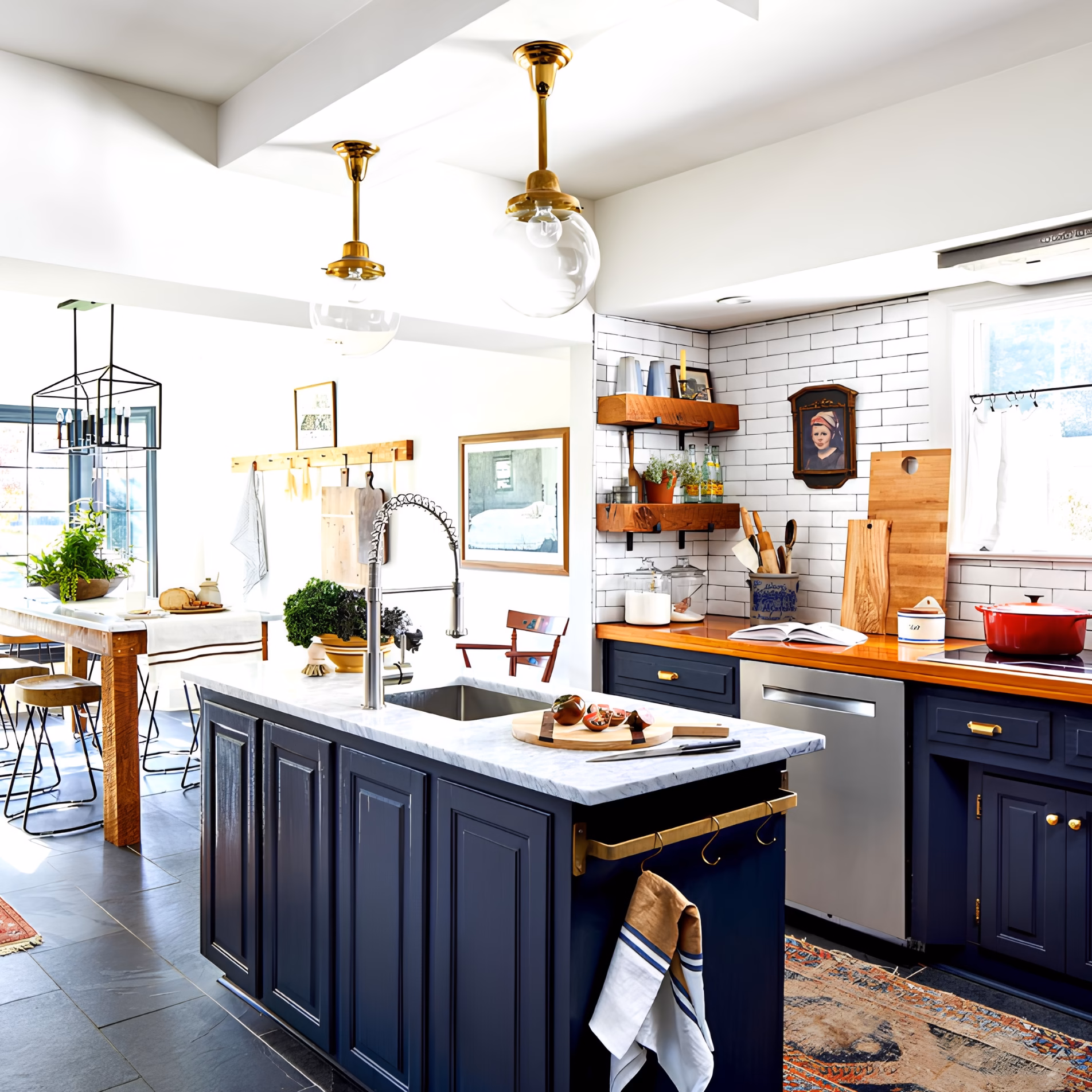 Kitchen with navy blue cabinetry, brass cabinet hardware, gold pendant lights, and a stainless steel faucet showing a variety of metal finishes.