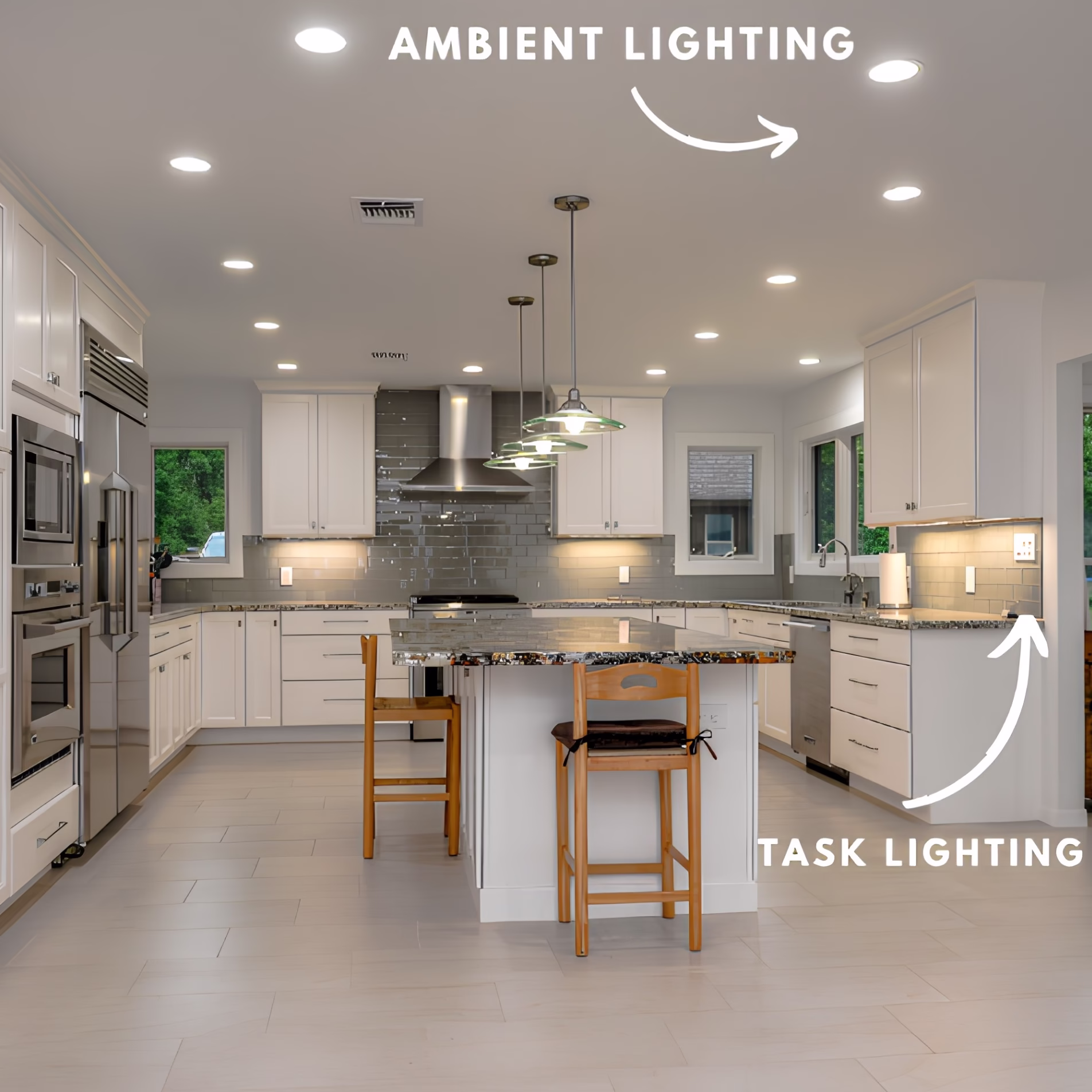 White kitchen with recessed ceiling lights providing ambient lighting and under-cabinet lights illuminating the countertops for task lighting.