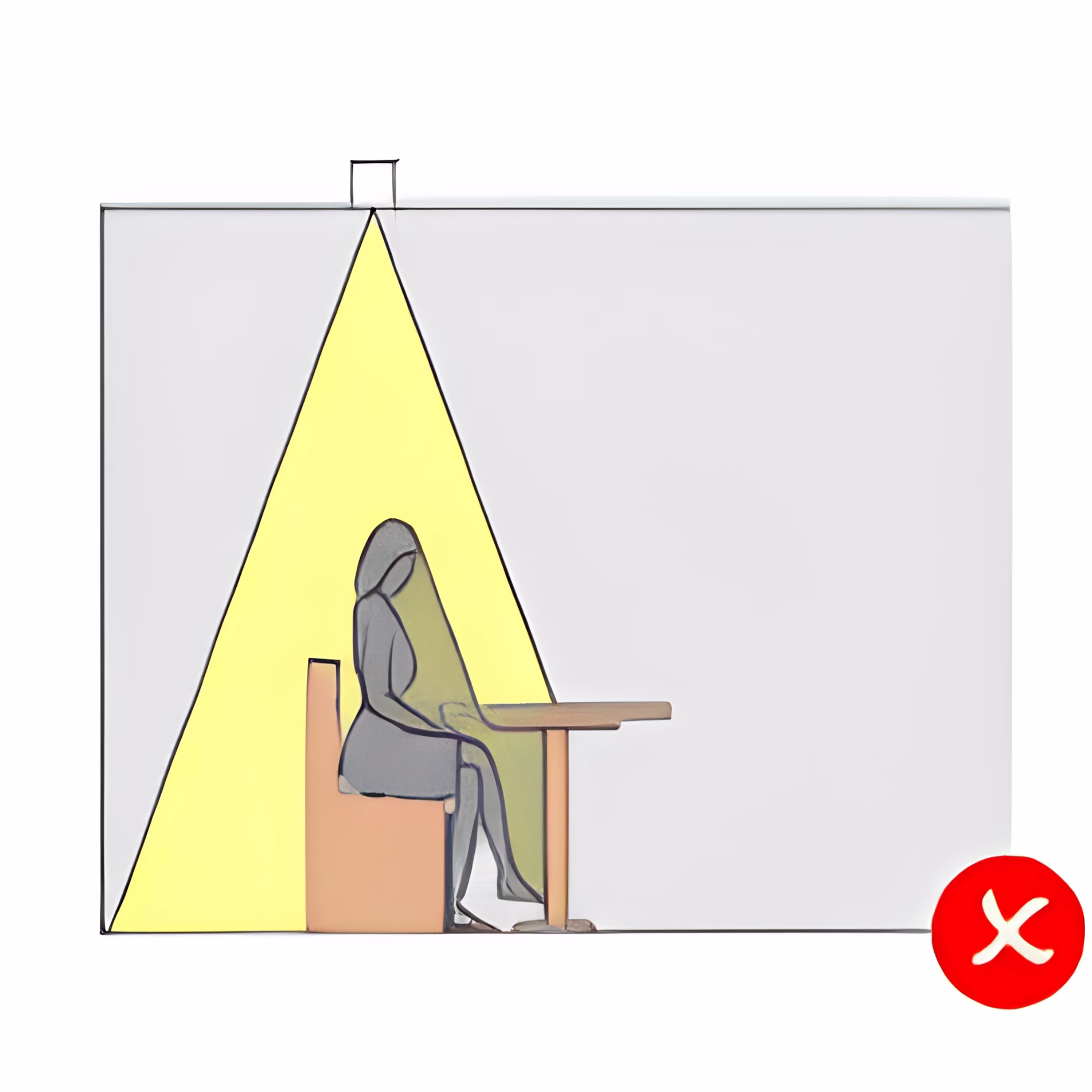 Diagram showing a ceiling light positioned behind a seated person, causing their shadow to fall across the table and work surface.