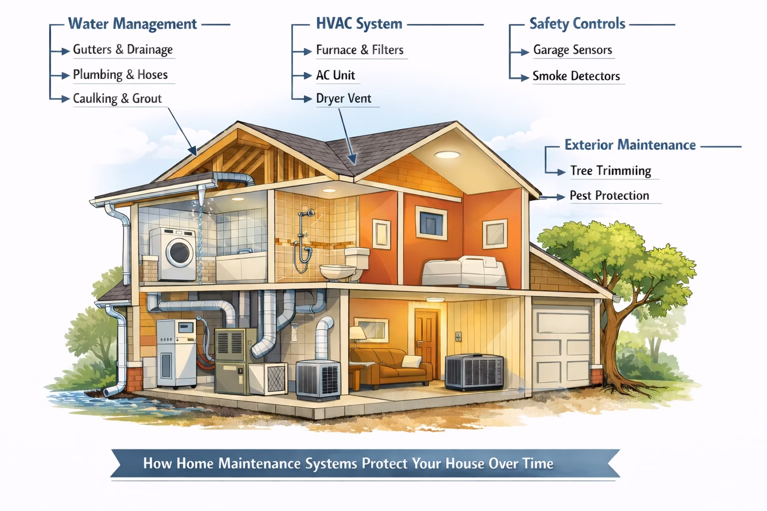 Diagram illustrating major home maintenance systems, including water management, HVAC, safety controls, and exterior interfaces.