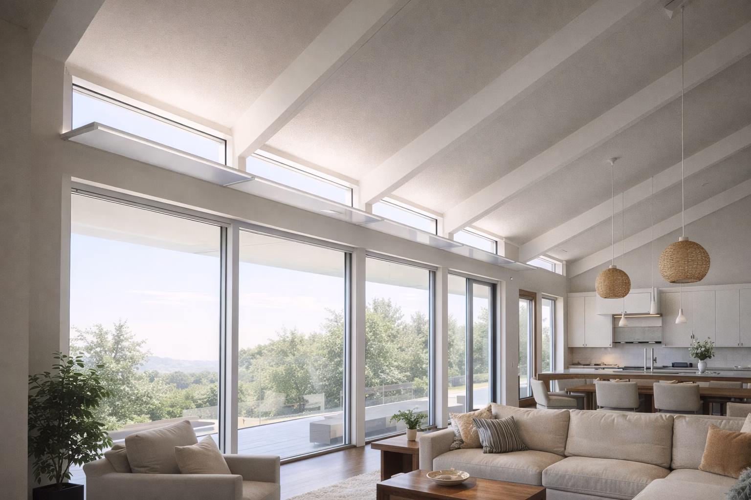Residential light shelf installed above window to reflect daylight deeper into room and improve interior light distribution without increasing glare