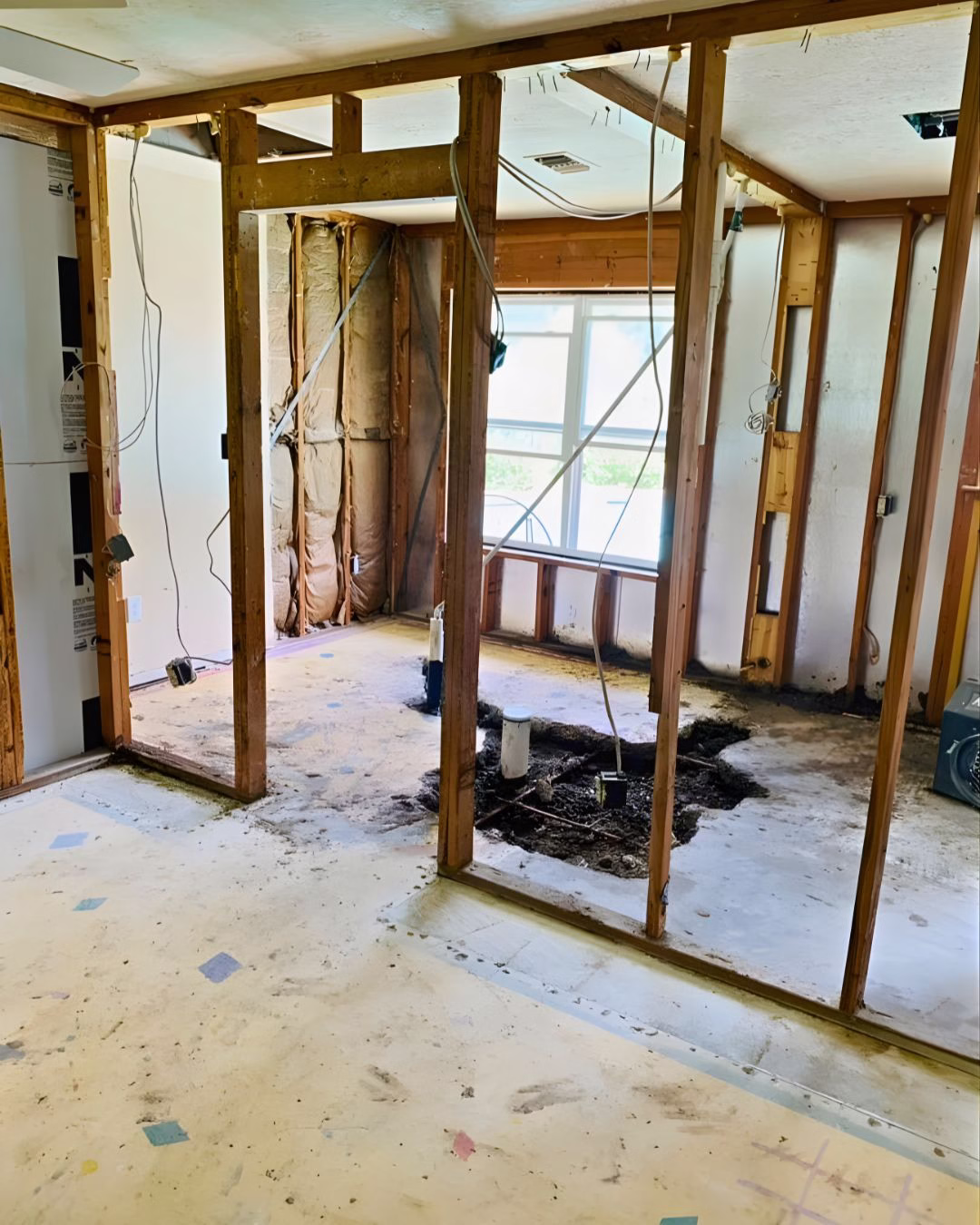 Work in progress during an aging in place renovation showing wall framing exposed, plumbing adjustments, and floor modifications to improve accessibility.