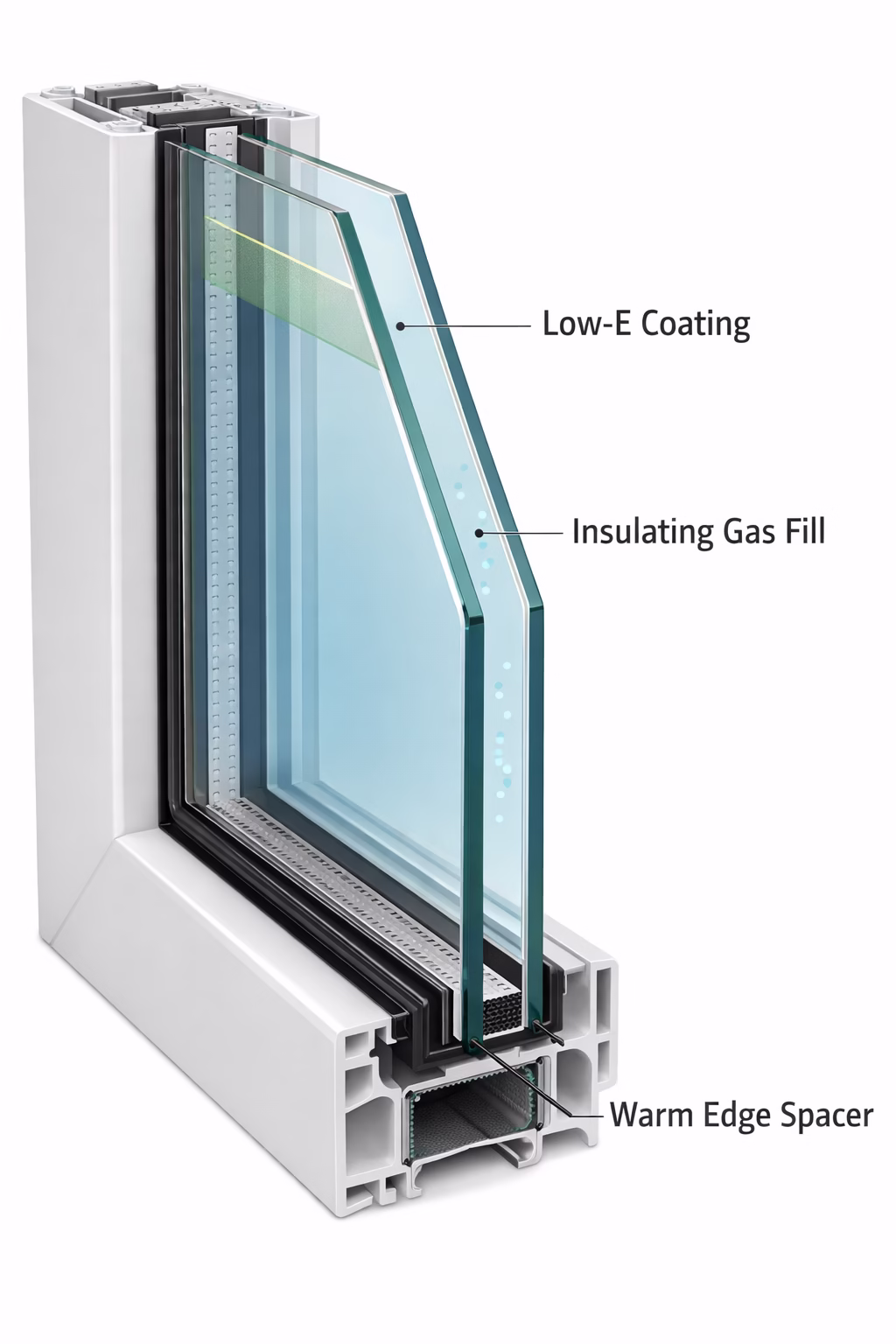 Cross-section diagram of double-pane energy efficient windows showing insulated glass unit, low-emissivity coating, insulating gas fill, and warm-edge spacer system.