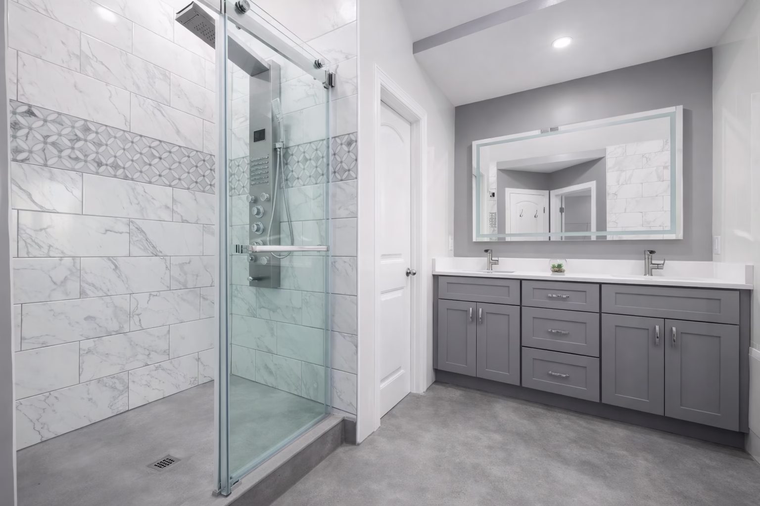 Minimalist bathroom with polished concrete bathroom flooring demonstrating durable modern bathroom floor installation