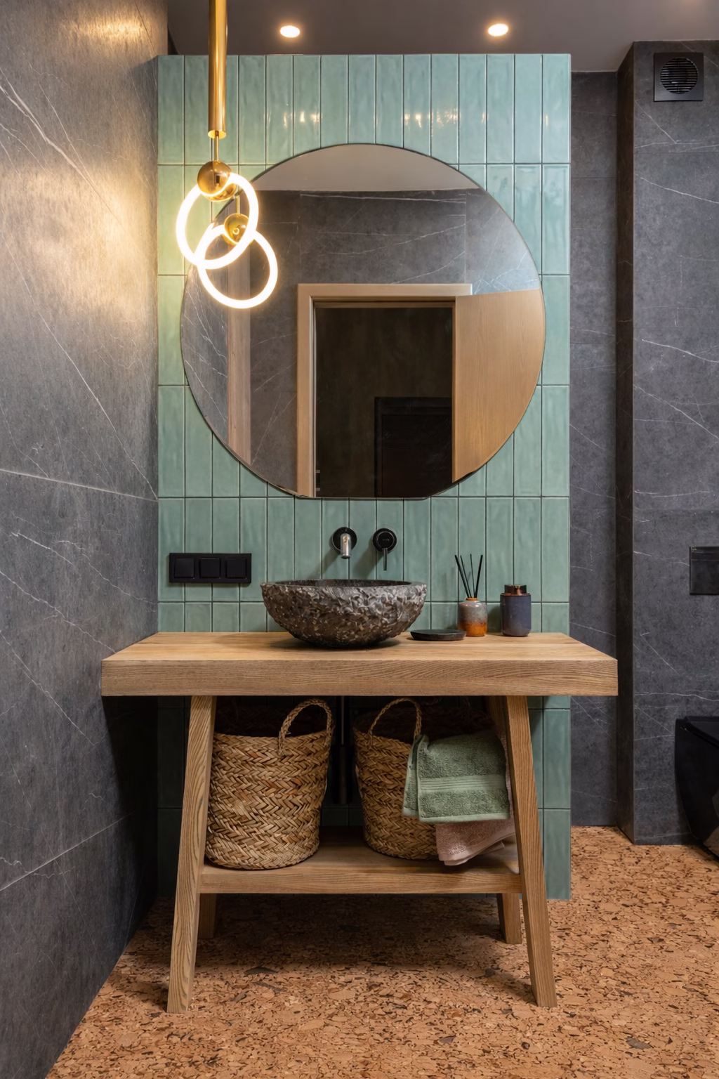 Bathroom with natural cork bathroom floor showing eco-friendly bathroom floors ideas for warm and comfortable surfaces