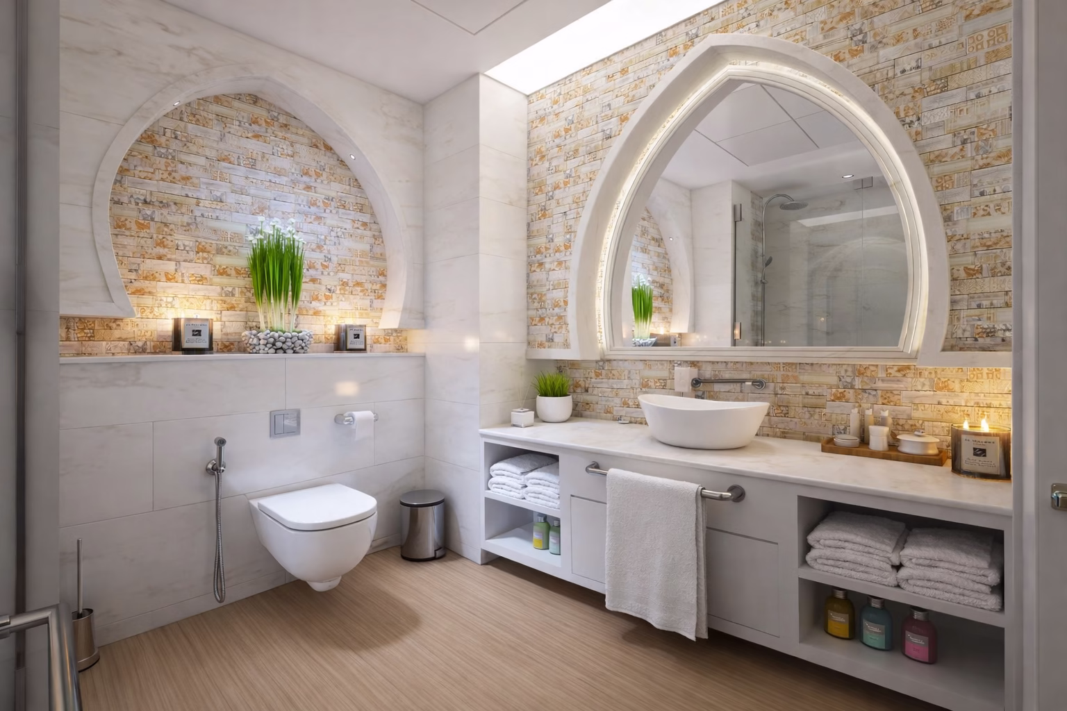 Modern bathroom flooring with light wood-look linoleum, an example of sustainable bathroom flooring ideas for contemporary spaces