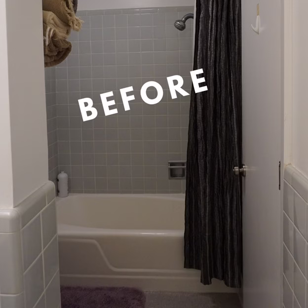 before bathroom from mid century modern home renovation showing enclosed tub shower with curtain and original tile prior to remodel