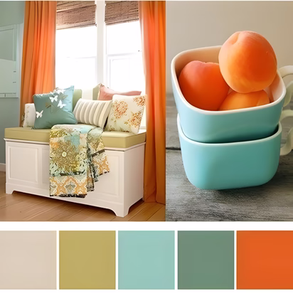 Warm coral and soft teal home remodel color palette inspired by seasonal fruit and textiles, showing how intentional color planning for home remodeling can create playful contrast and flexible accent colors.