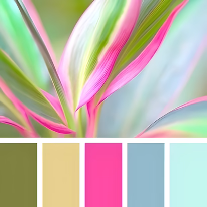 Nature-inspired home remodel color palette with vibrant pink, soft greens, and calming blue tones illustrating how outdoor landscapes can influence intentional color planning for home remodeling.