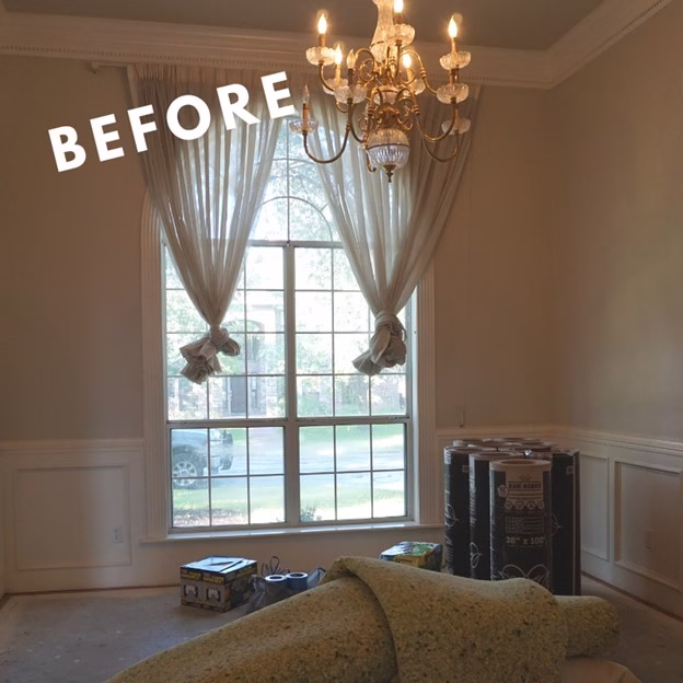Before dining room in this Southwood Valley whole home renovation with tall windows, traditional chandelier, and dated finishes prior to the aging in place remodel in College Station