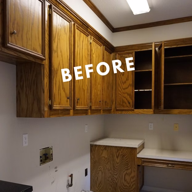 Laundry room before renovation with original oak cabinetry and limited functionality during this aging in place remodel and whole home renovation