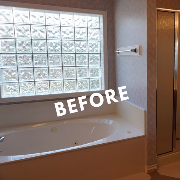 Original oversized garden tub before the whole home renovation showing dated finishes and underutilized space prior to the modern whole home renovation