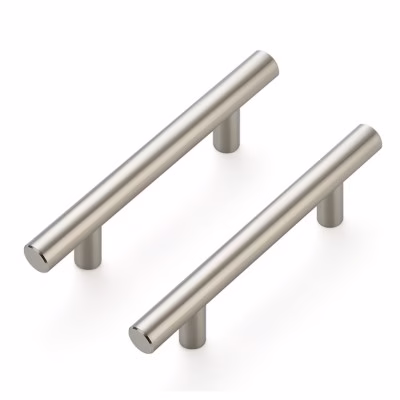 Brushed nickel cabinet pulls that are easier to grip than traditional knobs, supporting accessible home design.