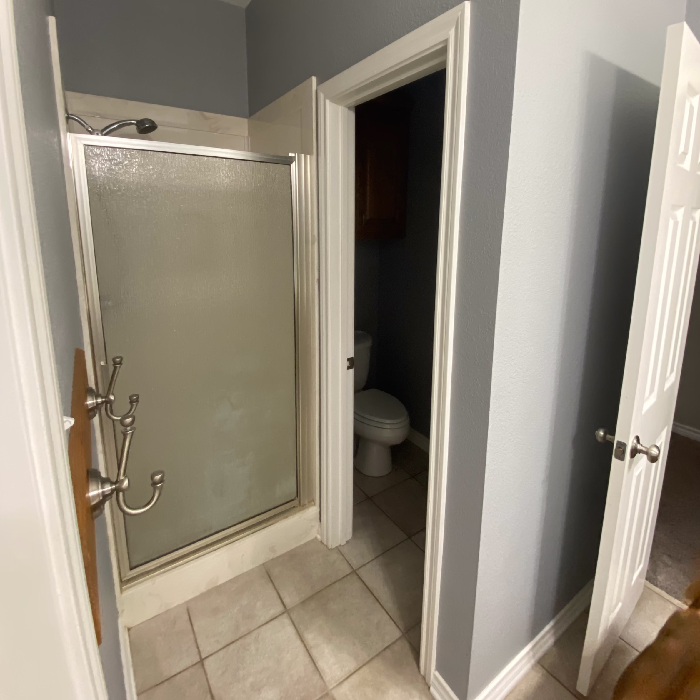 Guest bathroom before remodeling with a small enclosed shower beside a separate toilet room.