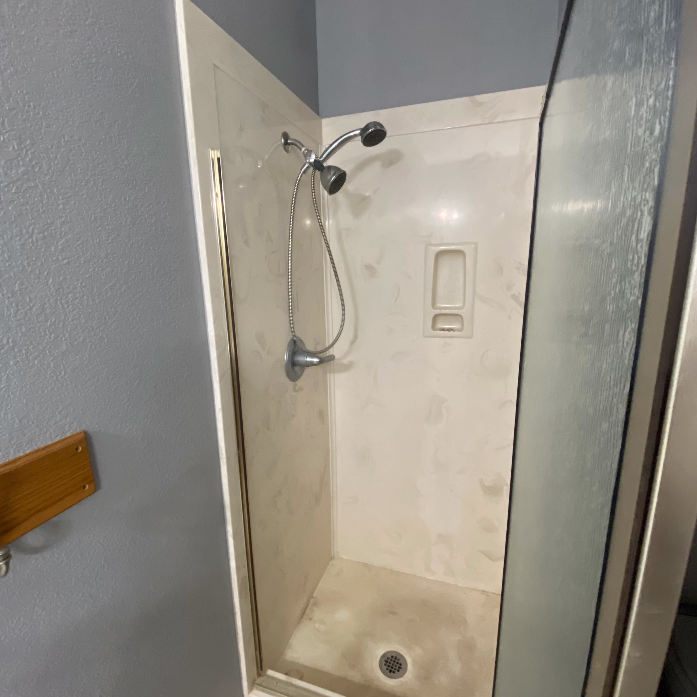 Existing guest bathroom shower with molded surround, frosted glass door, and handheld shower fixture before remodeling.
