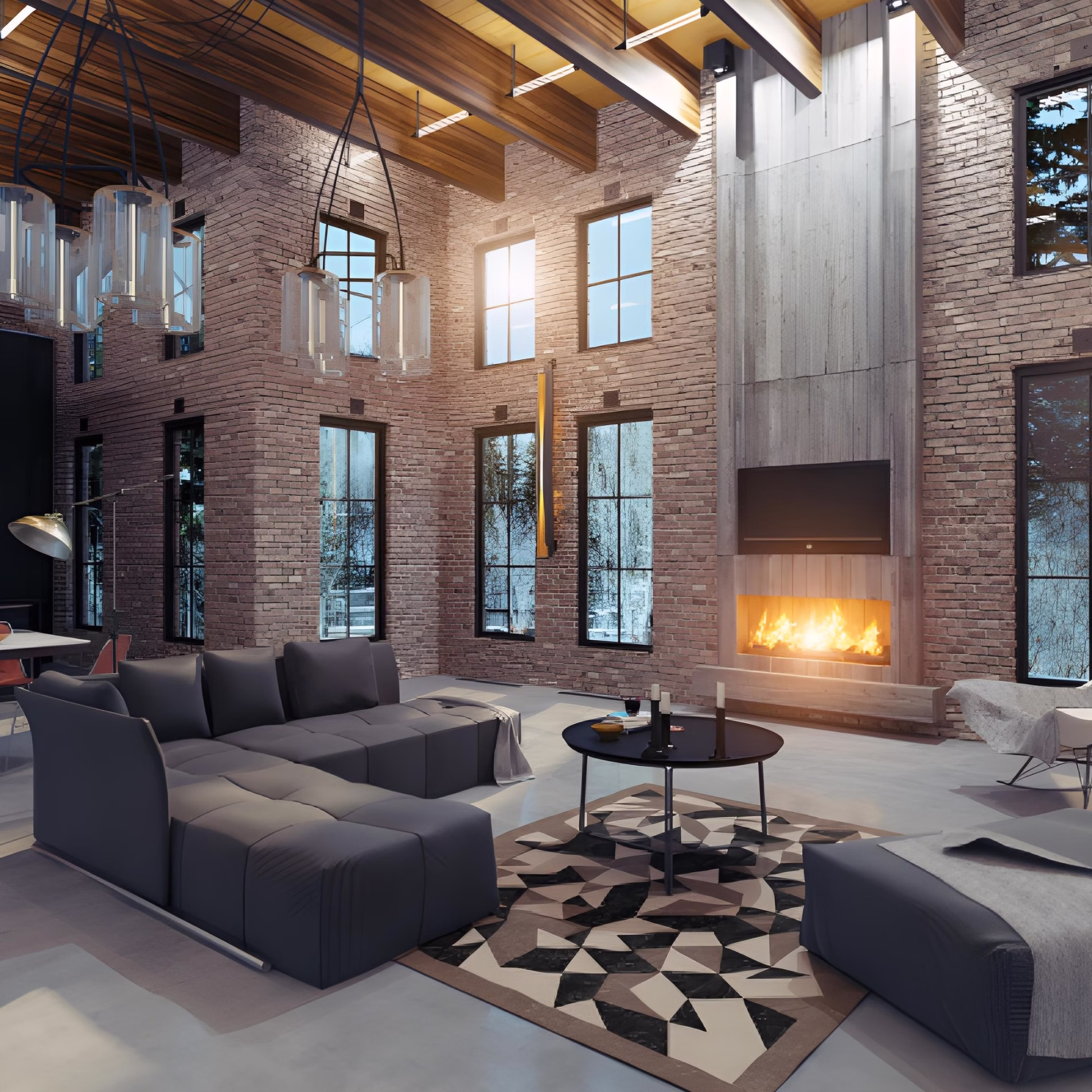 Living room with extensive interior brick walls and a fireplace illustrating the use of masonry as thermal mass.
