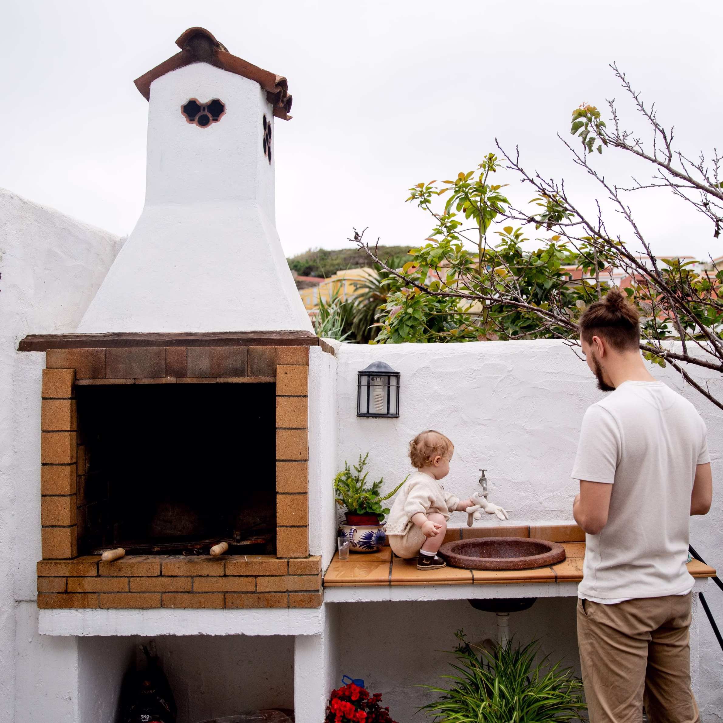 Outdoor masonry fireplace.