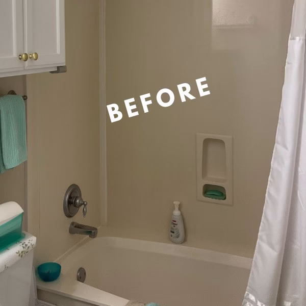 Guest bathroom before remodel featuring a standard bathtub and shower combination with built-in wall niche.