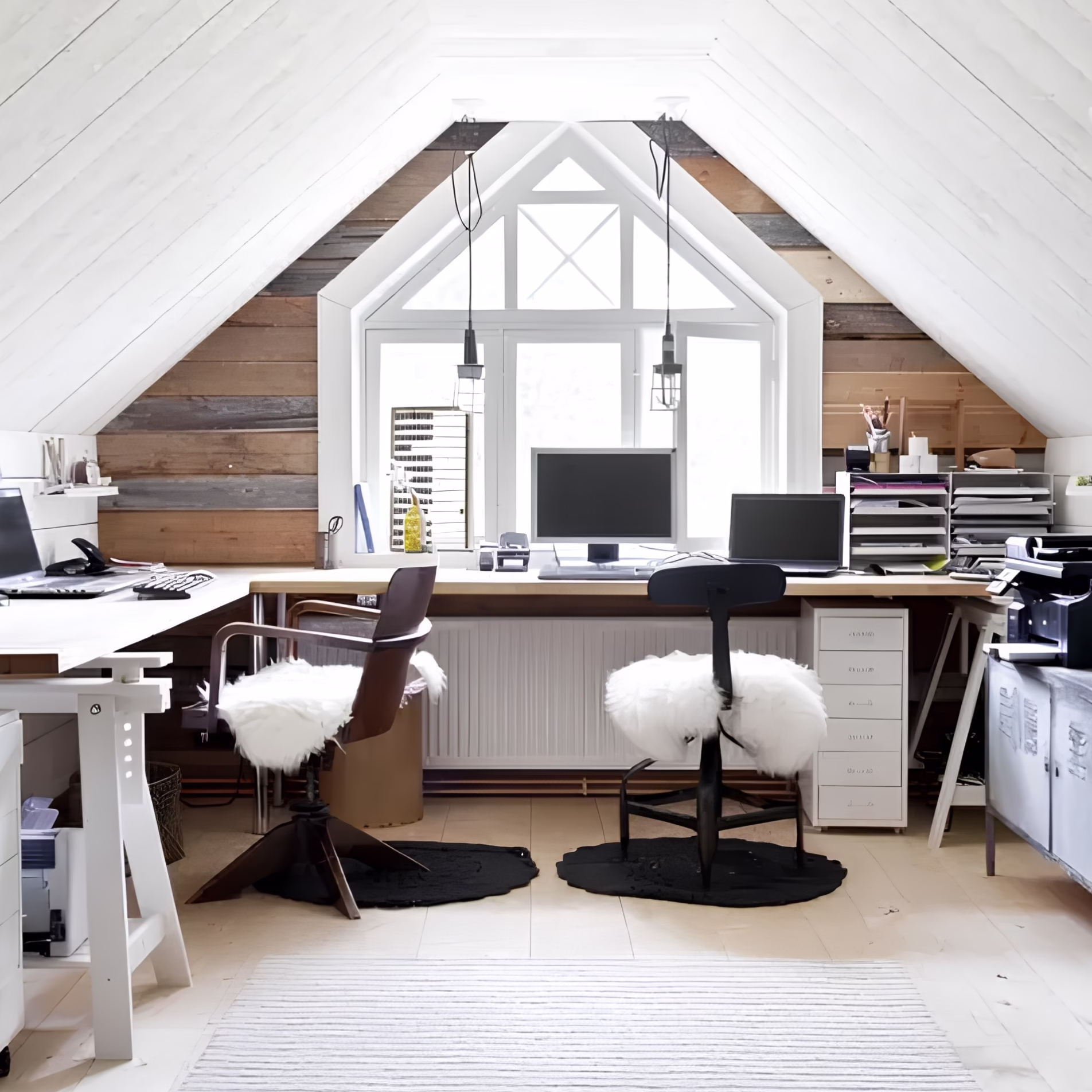 Attic home office with two desks, a vaulted white ceiling, wood accent walls, and a large window.