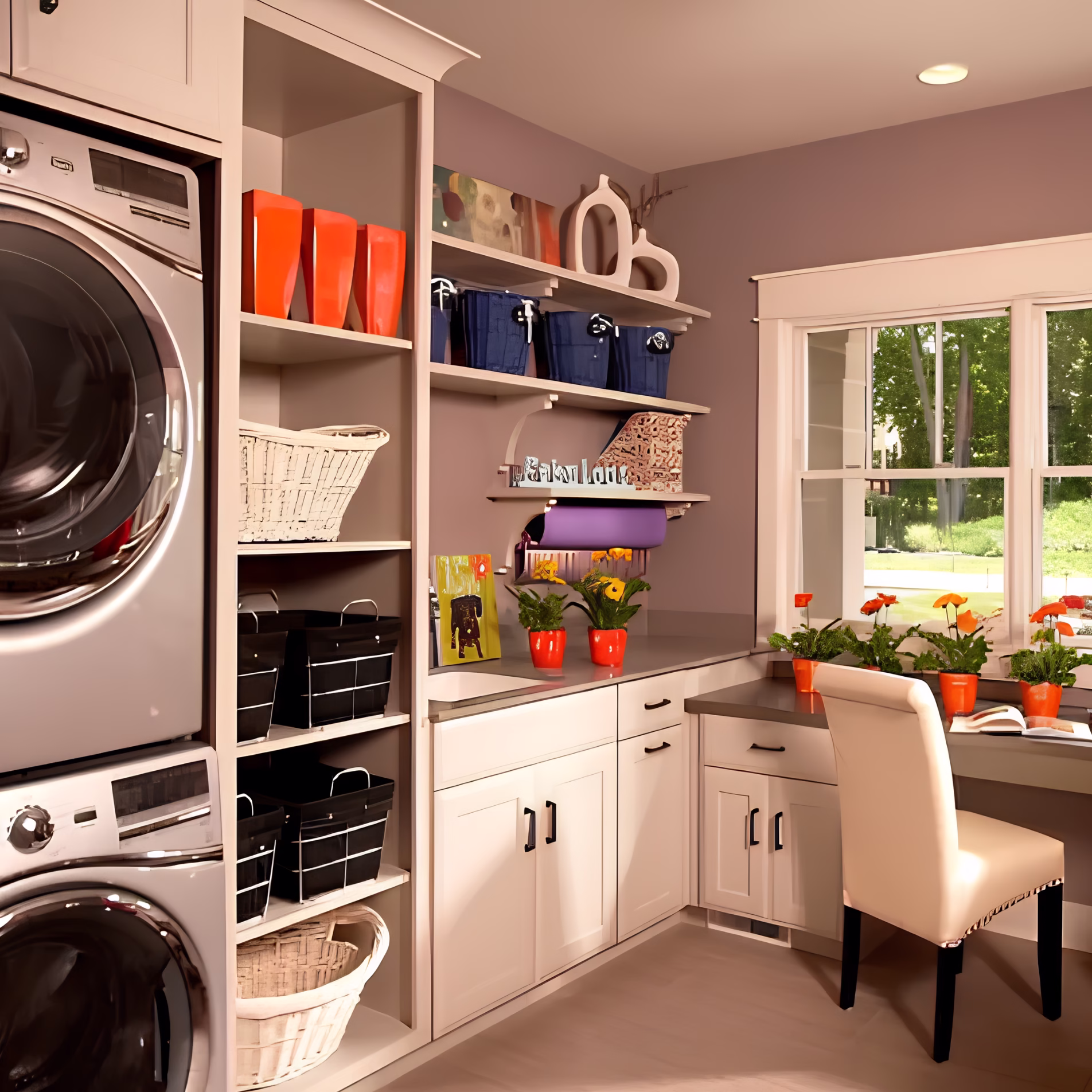 Multipurpose laundry room with stacked washer and dryer, white cabinetry, open shelving, and a desk beside a window.