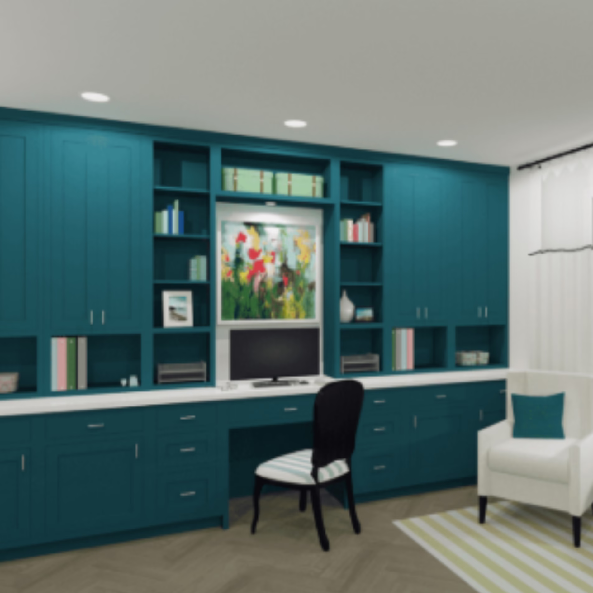 Home office with teal built-in cabinets, open shelving, a white desktop, and a white accent chair.
