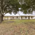 Newly constructed home with gray siding and white trim surrounded by existing mature trees across the front lawn.